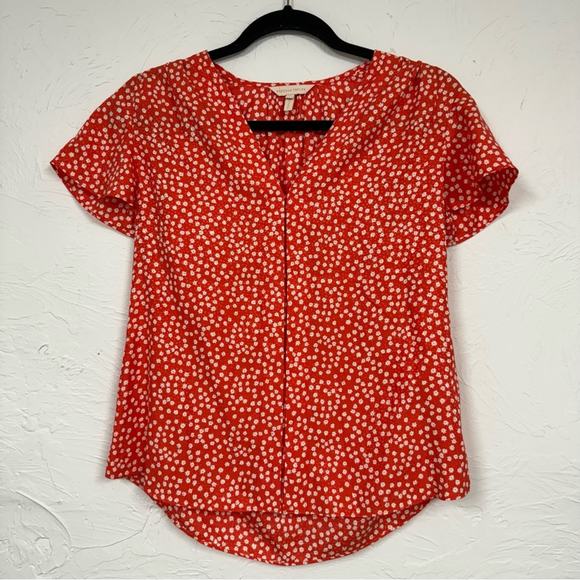 Rebecca Taylor Red Ditsy Floral Blouse Womens 2 Petal Sleeve Silk Blend Top - Picture 1 of 11